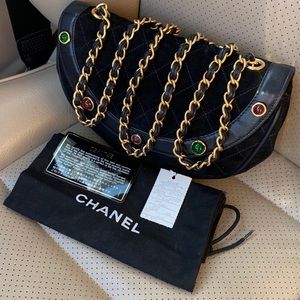 (SOLD) Chanel Black Suede Gripoix Stones Chain Bag